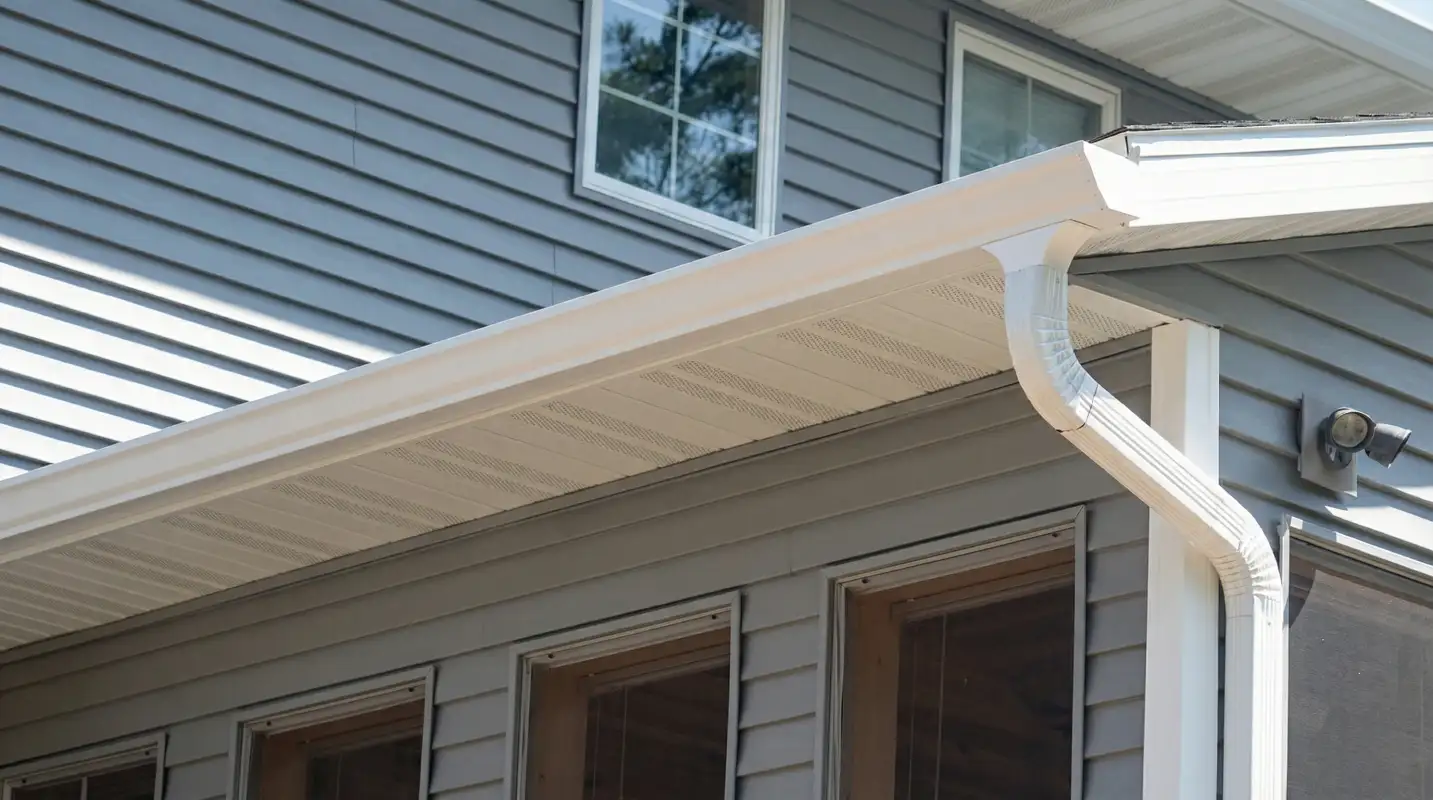 Professional home remodeling project showing newly installed white seamless gutters and downspouts on a house with gray siding in Seattle, WA