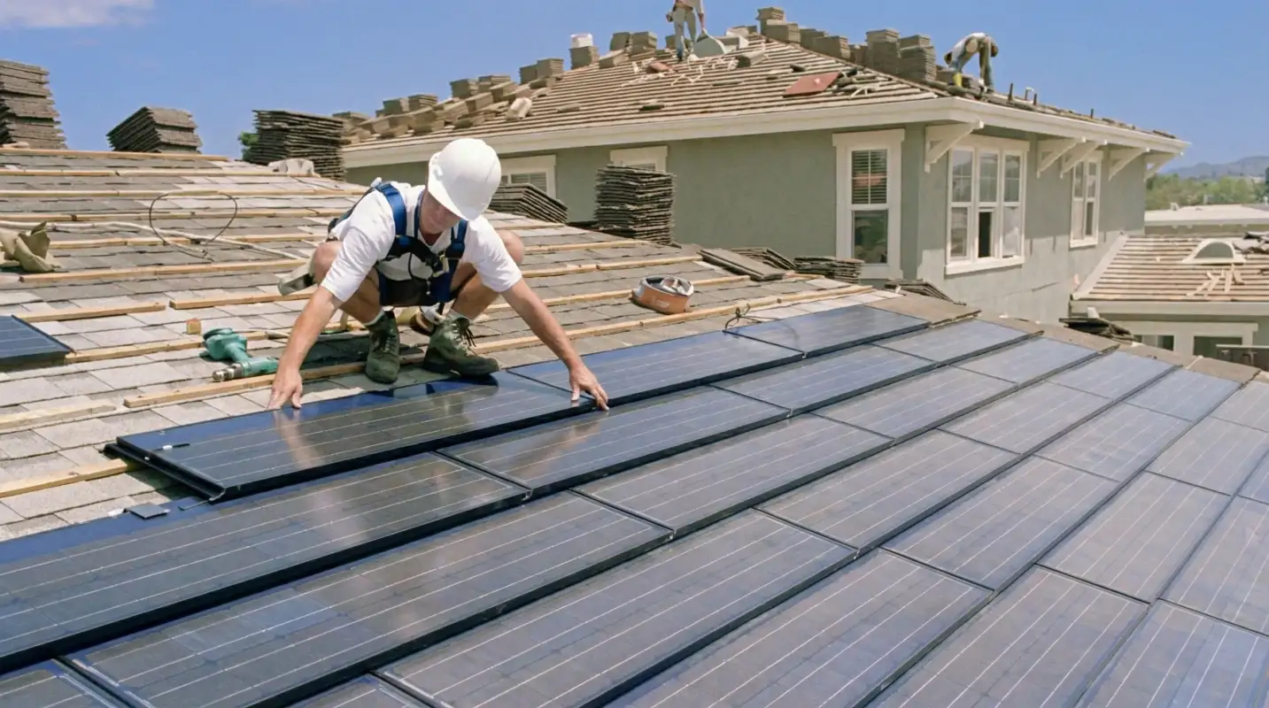 Roof replacement expert installing modern solar shingles on a residential home in Seattle, WA