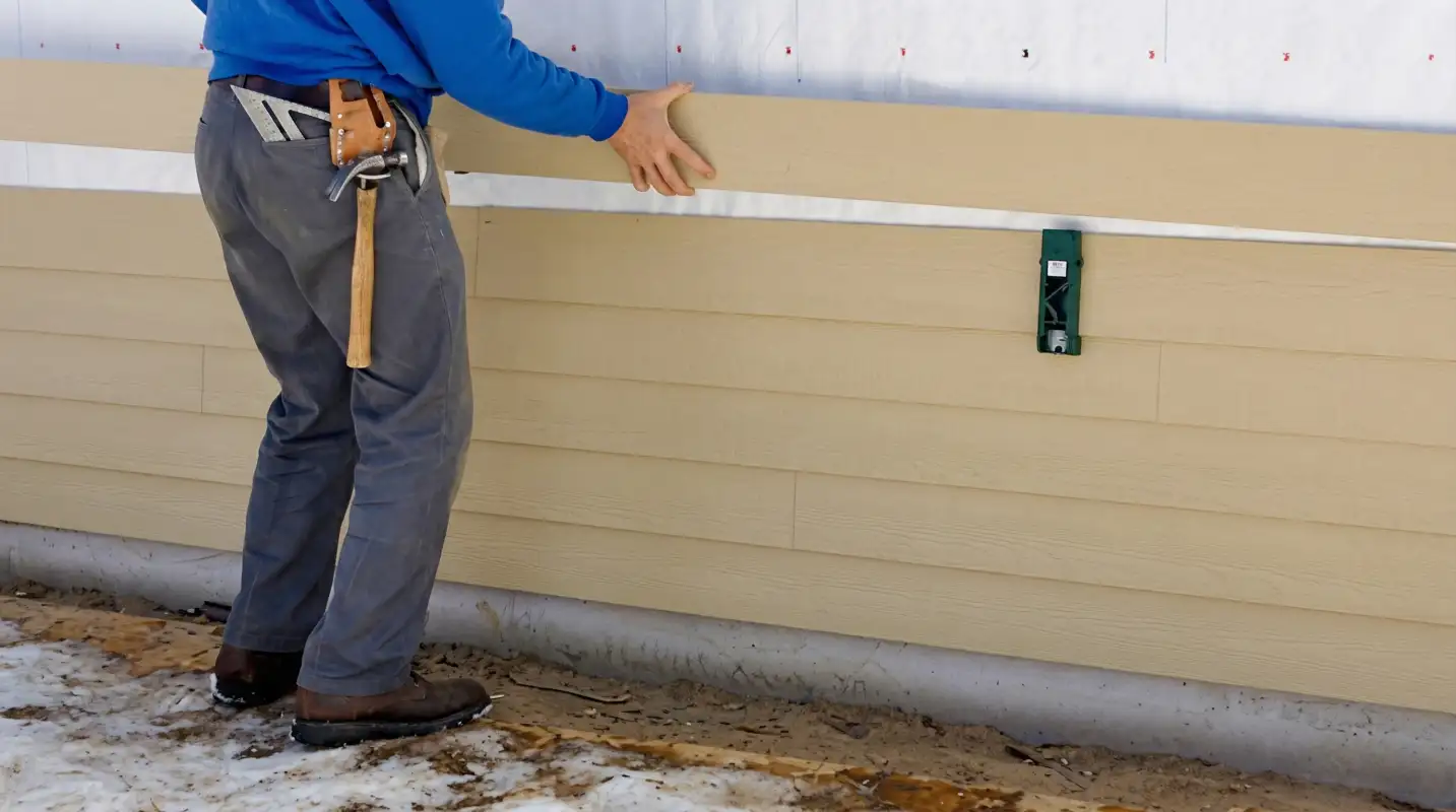 Siding replacement expert carefully aligning a new tan siding panel onto a residential exterior wall in Seattle, WA