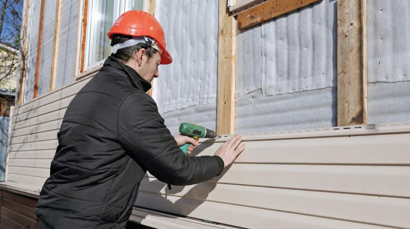 Siding replacement professional using a power drill to install new tan vinyl siding on a home exterior in Seattle, WA
