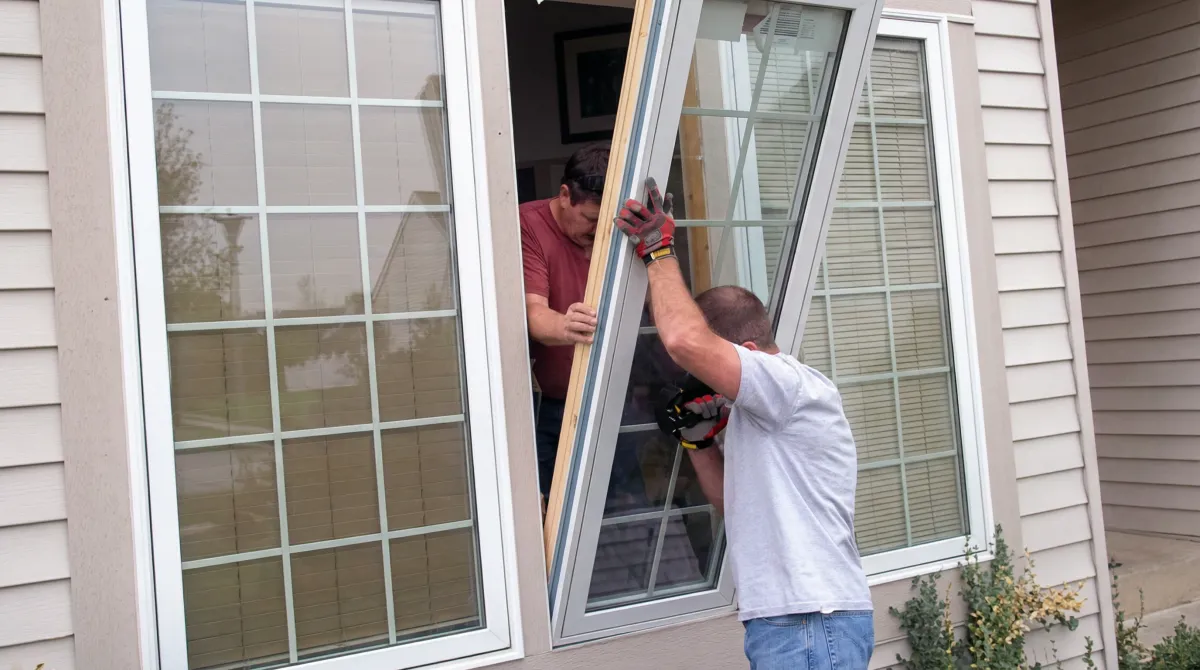 Professional home remodeling team installing a large replacement window on a house with tan siding in Seattle, WA