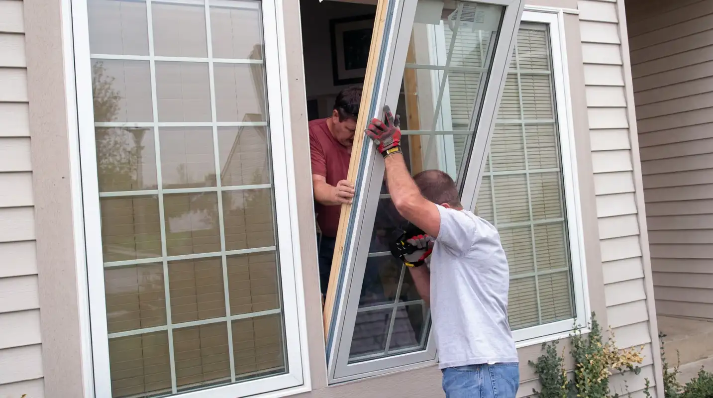 Professional home remodeling team installing a large replacement window on a house with tan siding in Seattle, WA